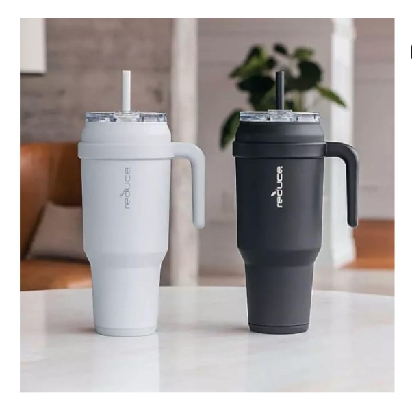  REDUCE 50 oz Mug Tumbler with Handle and Straw - Stainless Steel with Sip-It-Your-Way Lid - Keeps Water Cold up to 50 Hours - SweatProof, Dishwasher Safe, BPA Free - 2 Pack (Black & Gray)