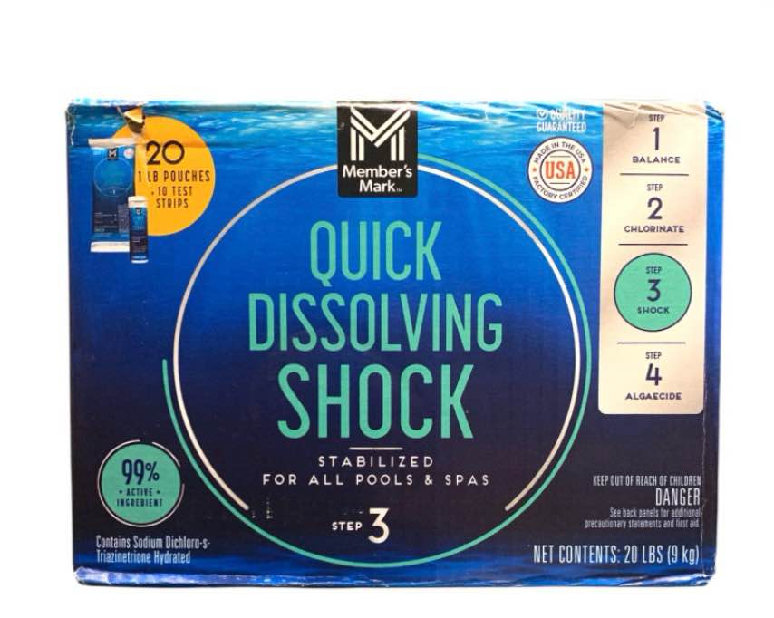  member's mark quick dissolving shock, step 3, 20lb, 20-pack with 10 test strips