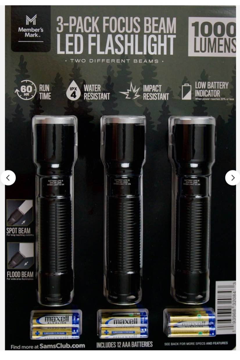  Member's Mark Focus Beam LED Flashlight 1000 Lumens Batteries Included, 3 Pack