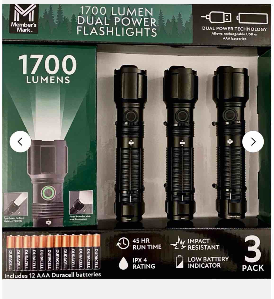 (incomplete missing pieces)member’s mark 3pc 1700 lumen dual power led flashlight set - rechargeable & aaa