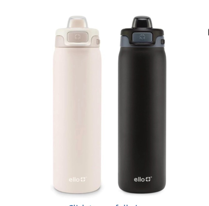  Ello Flip to Fill, Pop to Drink Stainless Steel Water Bottle with Leak-Proof Locking Lid, 22 oz – Reusable Insulated Travel Bottle, Color: Dunes/Charcoal
