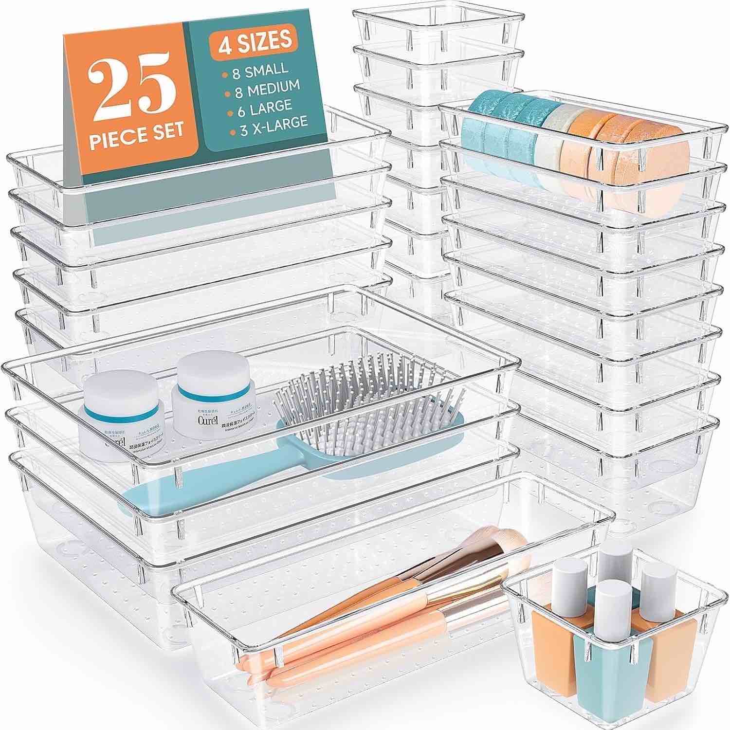 TAIMASI 25 Pcs Clear Plastic Drawer Organizer Set, 4 Sizes Desk Drawer Divider Organizers and Storage Bins for Makeup, Jewelry, Gadgets for Kitchen, Bedroom, Bathroom, Office