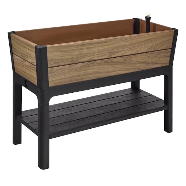 oak vinyl resin garden bed planter with storage shelf (44 in. l x 18 in. w x 31 in. h)
