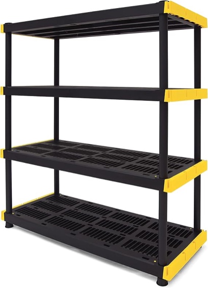 cx black & yellow®, 5-tier heavy duty plastic storage shelving unit, 200lbs/shelf (72”h x 48”w x 20”d), for indoor/outdoor organization, modular rack