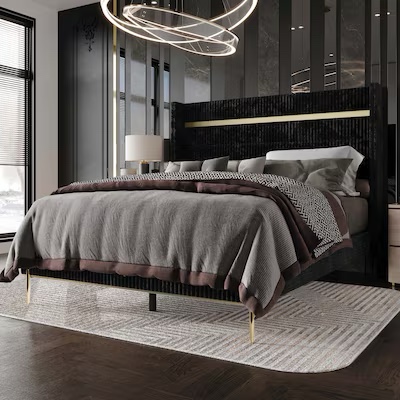 ( incomplete) ChaletPosh Twin Black Wood Upholstered Bed with Headboard