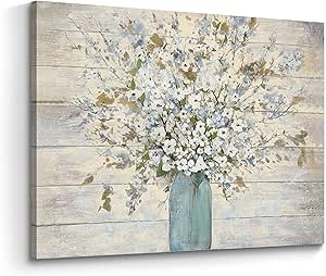 Flower Wall Art Canvas Painting: Abstract Floral Bouquet in Mason Jar Pictures Rustic Blossom Wildflower Print with Heavy Texture Vintage Botanical Artwork Decor for Living Room Bedroom