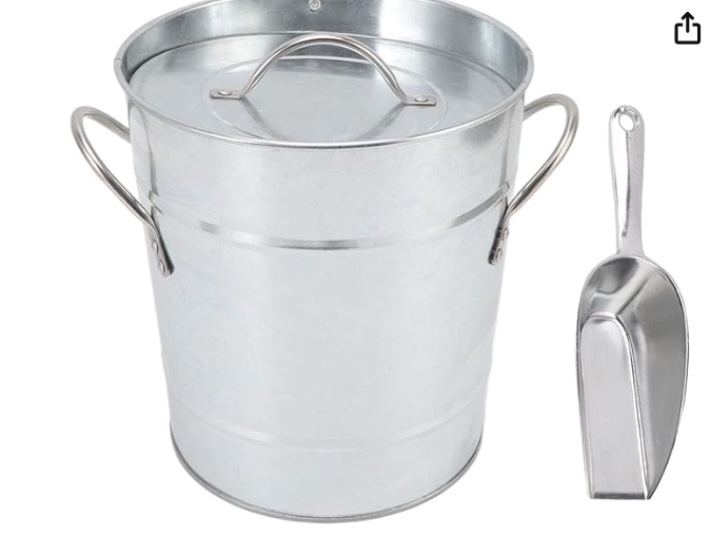 Ice Bucket Round with Ice Shovel Galvanized Sheet Plastic Beer Chiller Bin for Bar Home White 7.7x8.1x6.3in (Stainless Steel Color)
