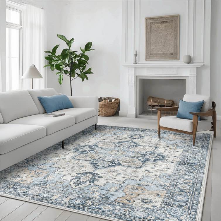 Roehit Oriental Performance Machine Washable Blue / Ivory Area Rug