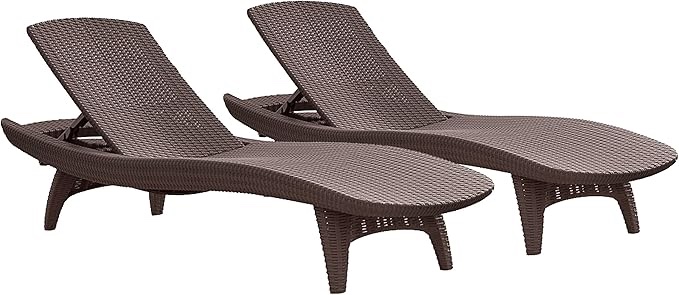 Keter Set of 2 Pacific Sun Lounge Chair Outdoor Chaise Pool Chairs with Resin Rattan Look and Adjustable Back