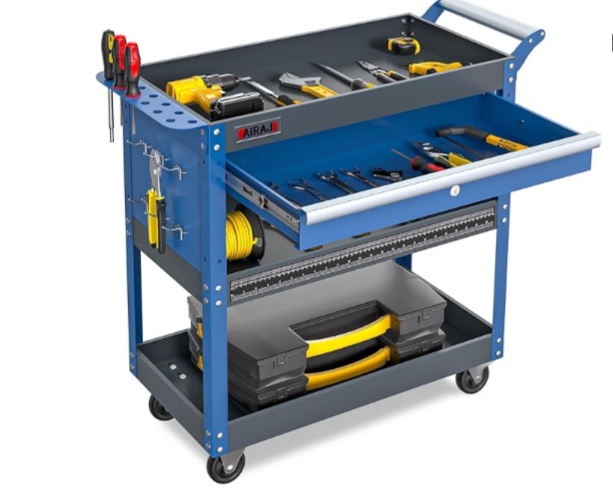 3 Tier Tool Cart,440 LBS Capacity Rolling Tool Cart with Drawers,Heavy Duty Industrial Service Cart on Wheels with Pegboard Hooks for Mechanics,Garage,Warehouse,Workshop,Blue