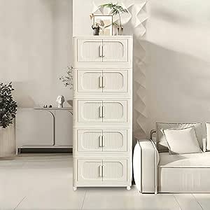  Storage Cabinet,5 Tiers,Collapsible Storage Bins with Magnetic Door, Plastic Storage Cabinet with Wheels, Closet Organizers and Storage Containers( white )24.01 x 14.96 x12.20 IN