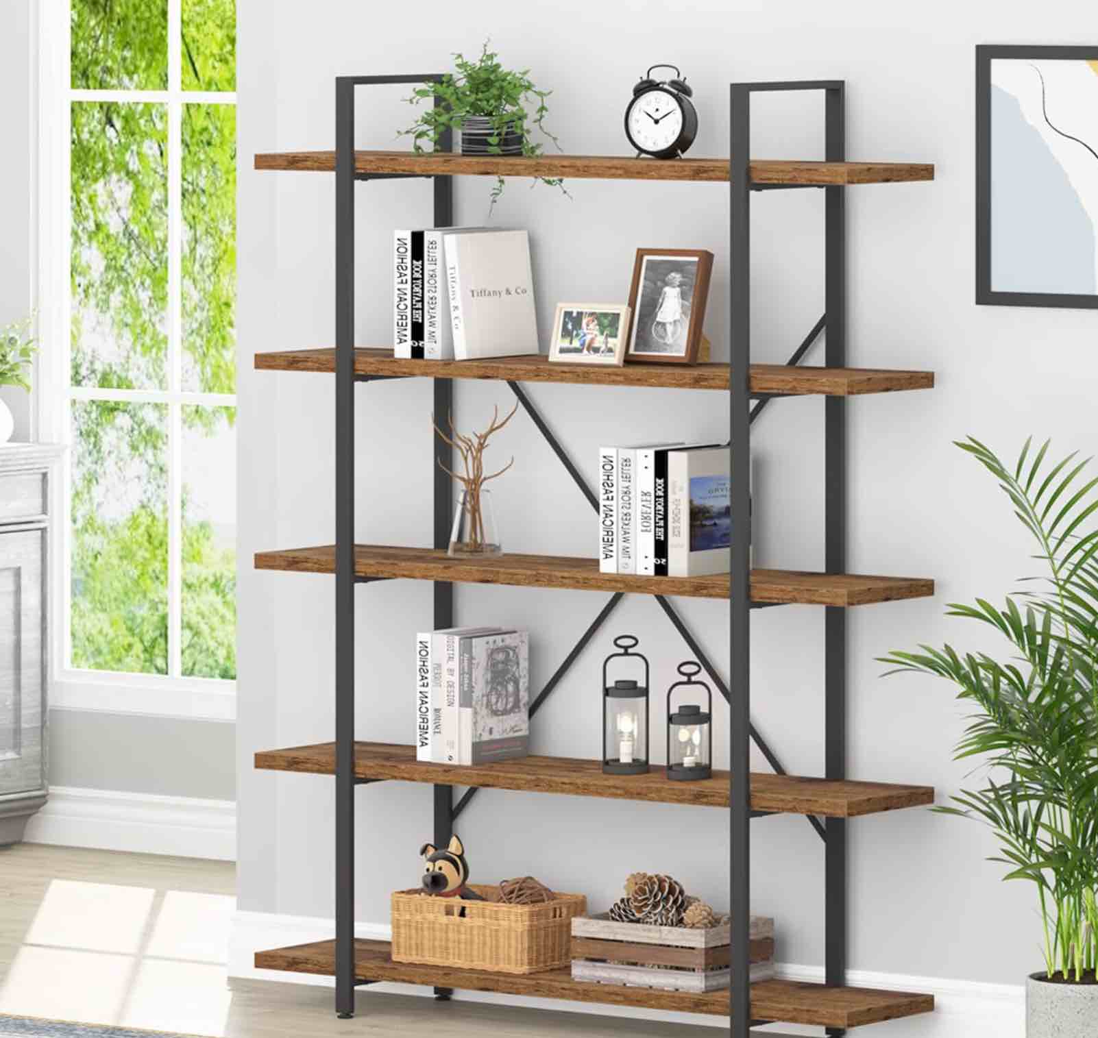 HSH Rustic Bookcases and Book Shelves 5 Shelf, Metal Wood 5 Tier Bookshelf and Storage Book Rack, Vintage Large Book Shelf for Bedroom Living Room Office,Open Vertical Display Etagere Book Case, Brown