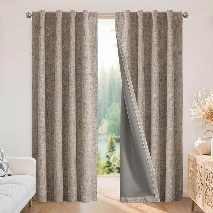 Sun zero Blackout Curtains for Bedroom - Nature Linen 84 Inch Long 100% Light Blocking 2 Panels Set, Rod Pocket & Back Tabs Living Room Drapes, Thermal Insulated Room Darkening Window Curtains(2 panels)