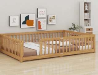 Queen  Size Bed Floor Bed with Safety Guardrails and Door for Kids, Natural ( complete)