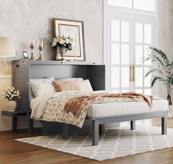 ( incomplete 3 box 3 ,2 box 3,missing box 1 of 3 )Queen Size Murphy Bed with Storage, Solid Wood Folding Murphy Bed, Murphy Cabinet Bed with USB Ports and Outputs, Multifunction Platform Bed for Home Office,Grey