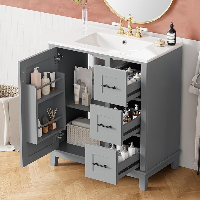 ( complete) Merax 30" Bathroom Vanity with Sink, Solid Wood Bathroom Storage Cabinet with 3 Drawers, 1 Adjustable Shelf, and Double Storage Racks, Free Standing Bathroom Cabinets with Ceramic Basin,Grey