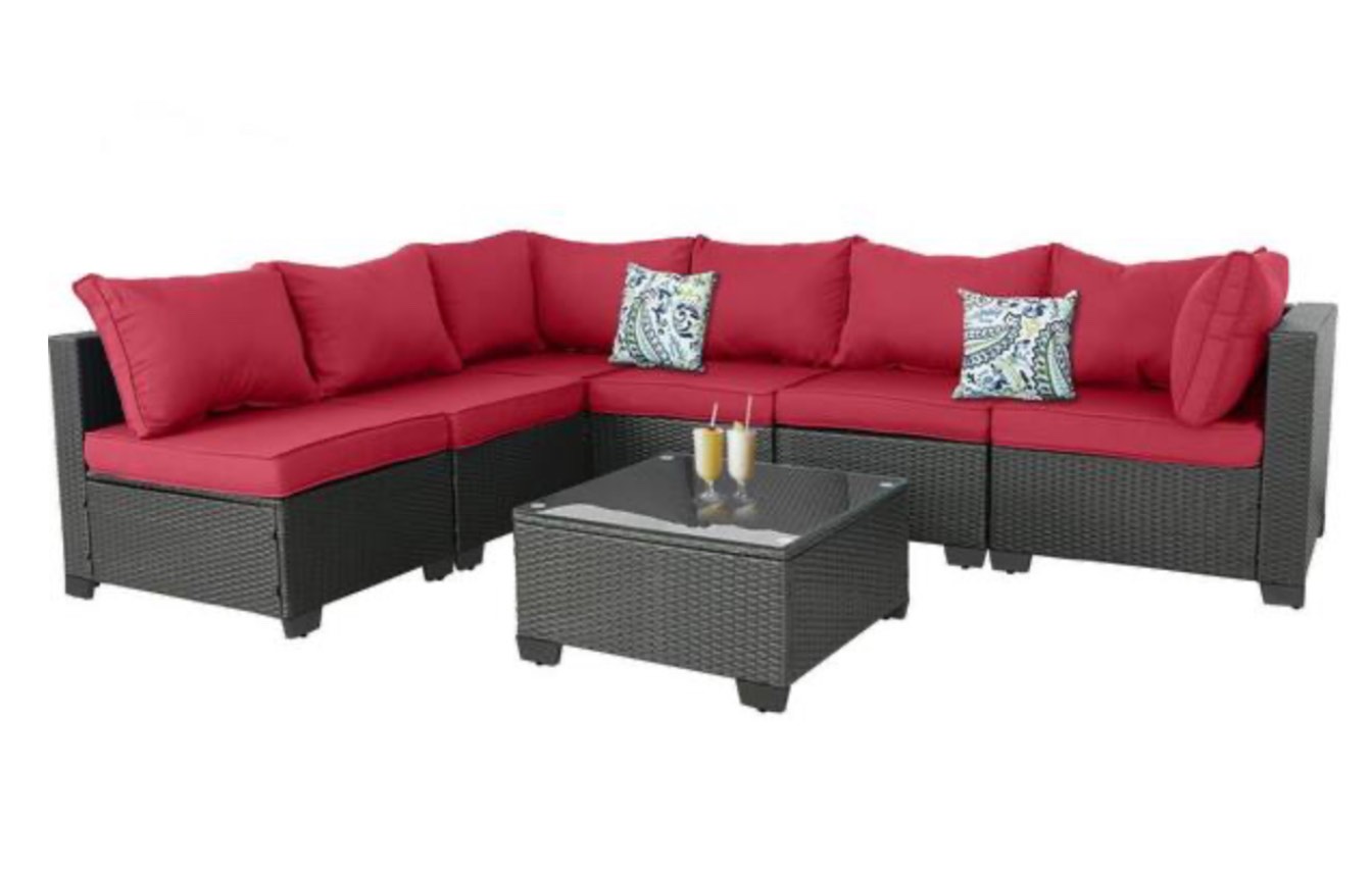 ( incomplete A box to pick up ) Patio  Furniture Seating  with Red Cushions and Pillow