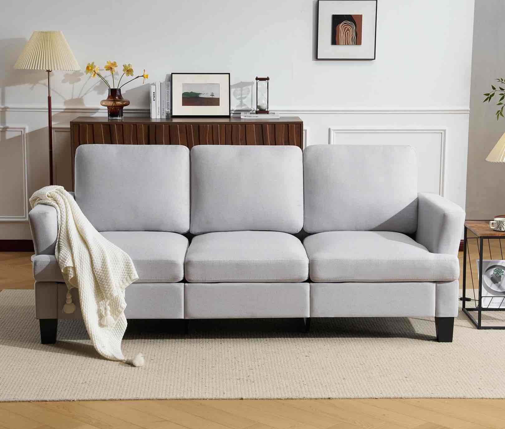 Modern 3 Seater Sofas for Living Room with Soft Deep Seats,3 Seater Couch Sofa 3 Seater in Linen,Upholstered Apartment Sofa with Armrests,Comfy Cozy Sofas for Bedroom,Apartment (Light Grey) ( incomplete 1 box of 2.     missing box 2 of 2). 
