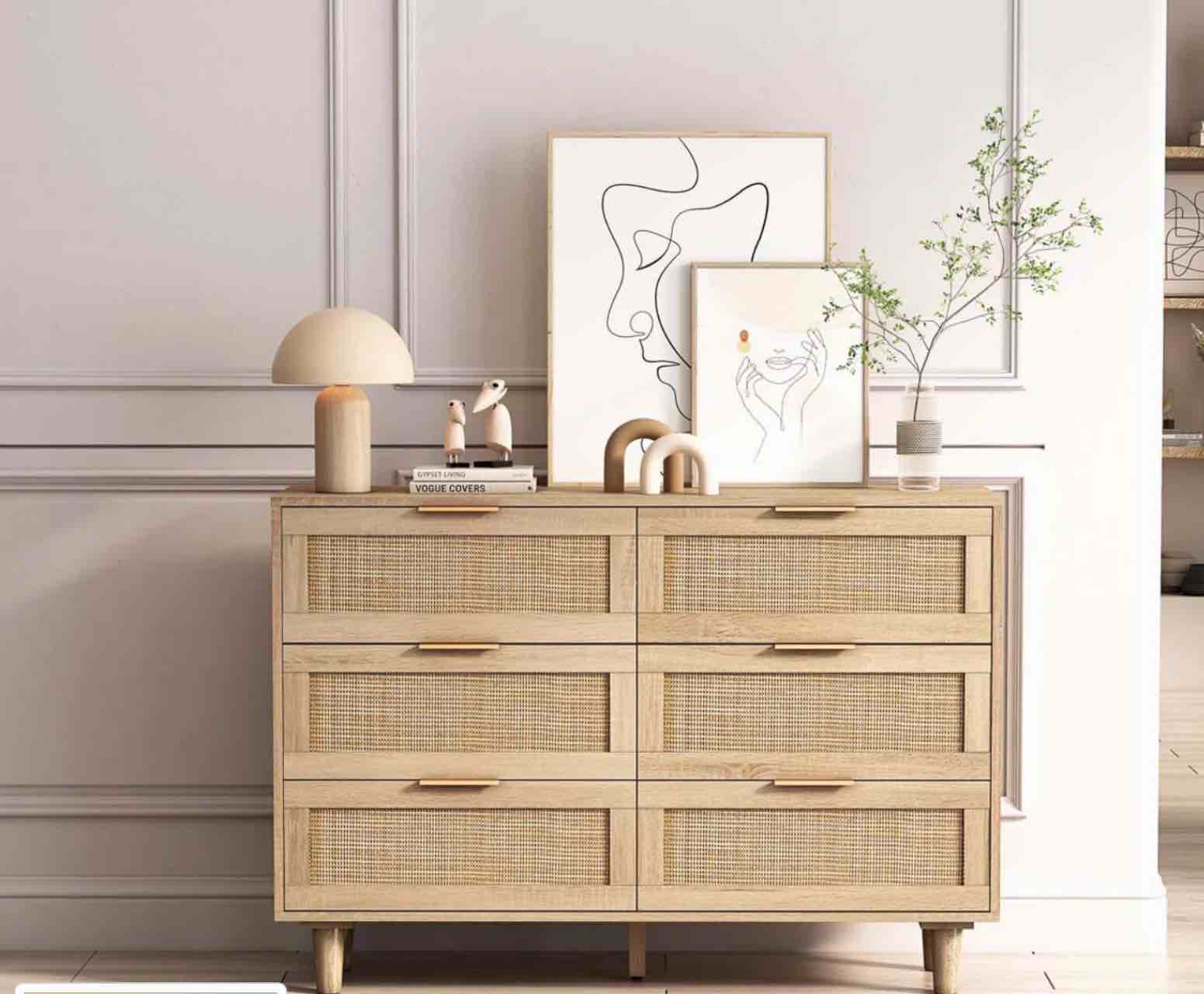 Multi purpose Rattan 6 Drawer Dresser,Modern Storage Cabinet with Wooden Legs( incomplete 