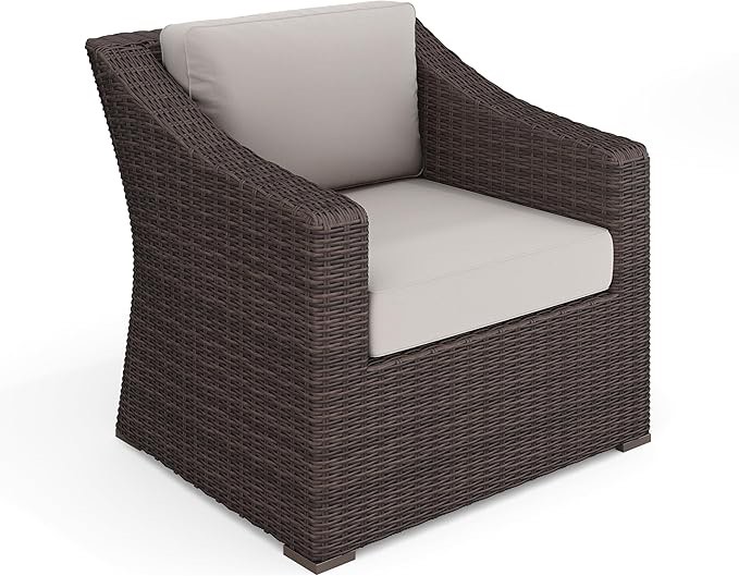 Martha Stewart Bedford Indoor-Outdoor Patio Accent Chair with Rattan Wicker Finish in Brown with Tan All-Weather Cushions