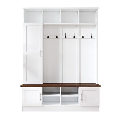 ( incomplete 1 boxes of 2) ( missing 1 of 2)55"W 3-in-1 Hall Tree with 6 Hooks, Storage Bench with Adjustable Shelves