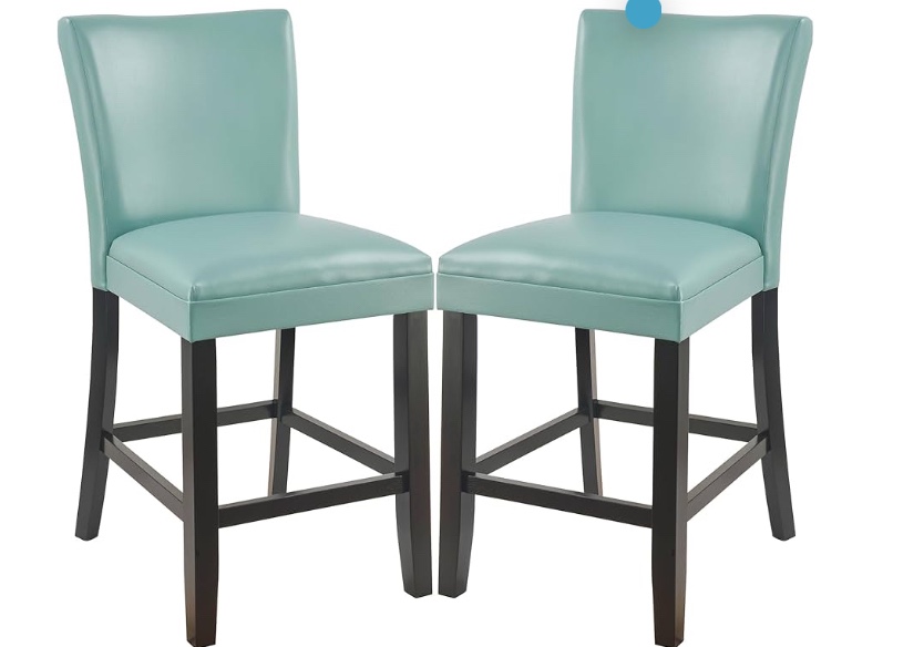 MODERION Counter Bar Stools Set of 2, Solid Wood Bar Chairs, Holds Up to 250 Lbs, 40”H Dinning Chairs with Waterproof Surface, Fuax Leather, Upholstered Stools for Kitchen Light Blue ZBY1331HL