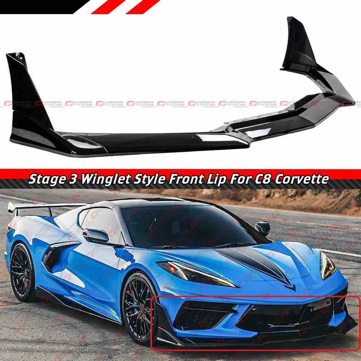 For 2020 25 corvette C8 Z51 STG 3 Winglet front bumper lip splitter glossy black ( incomplete)