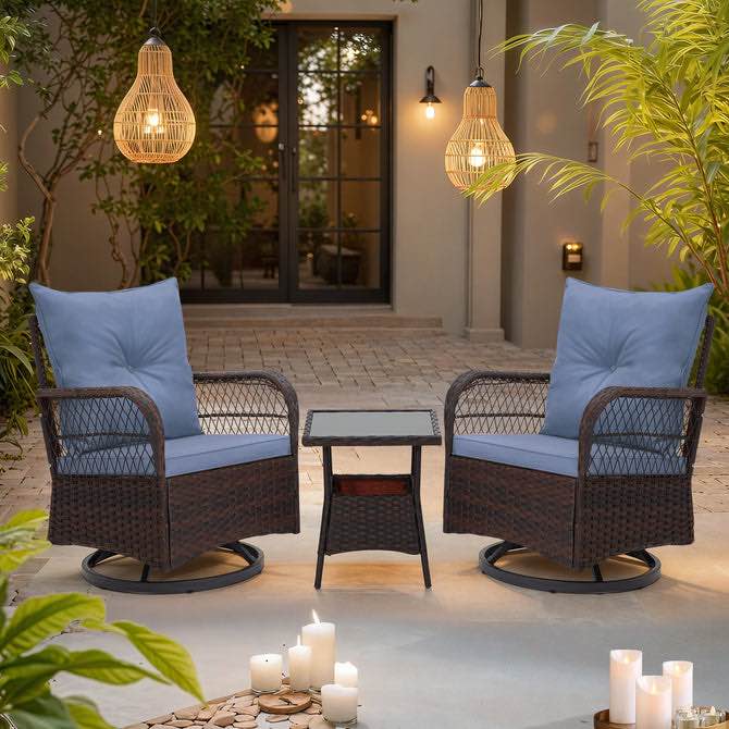 EROMMY 3 Pieces Patio Swivel Rocker Rattan Chairs, Outdoor Swivel Rocking Chairs With 1 Rattan Coffee Table, Blue