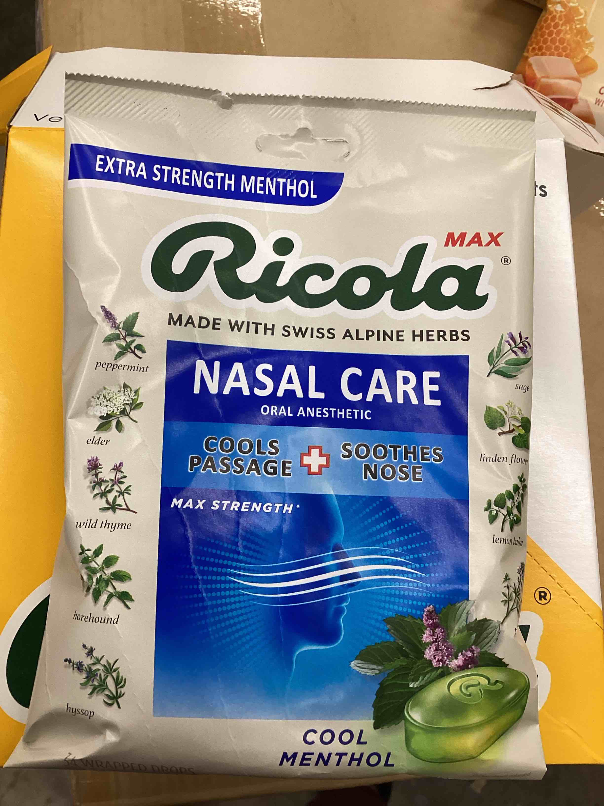 Ricola MAX Nasal Care Cool Menthol Drops with Extra Menthol - Maximum Nasal Comfort and Sore Throat Relief for Cold & Flu Symptoms -- Herbal Throat Lozenges (5 box ) 6 bags in each box