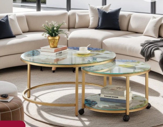 Artistic Round Nesting coffee table set of 2 ,tempered glass top with