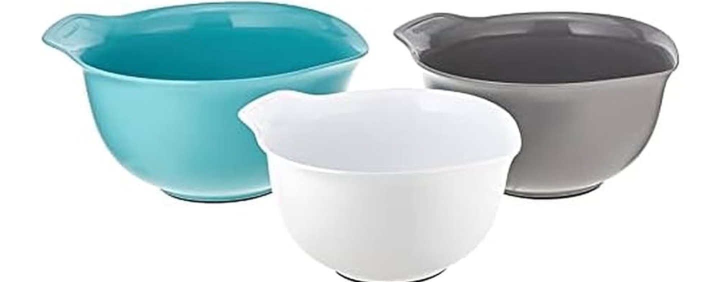 KitchenAid Universal Nesting Plastic Mixing Bowls, Set Of 3, 2.5 quart, 3.5 quart, 4.5 quart, Non Slip Base with Easy Pour Spout to Reduce Mess, Dishwasher Safe, Aqua Sky, White, Gray