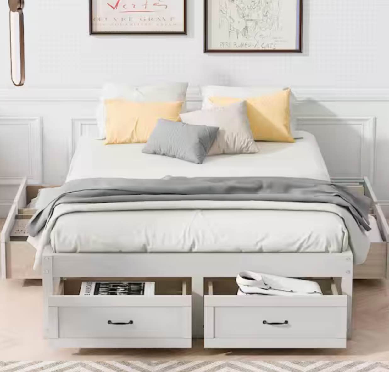 Antique White Wood Frame Queen Size Retro Platform Bed with 6 Storage Drawers