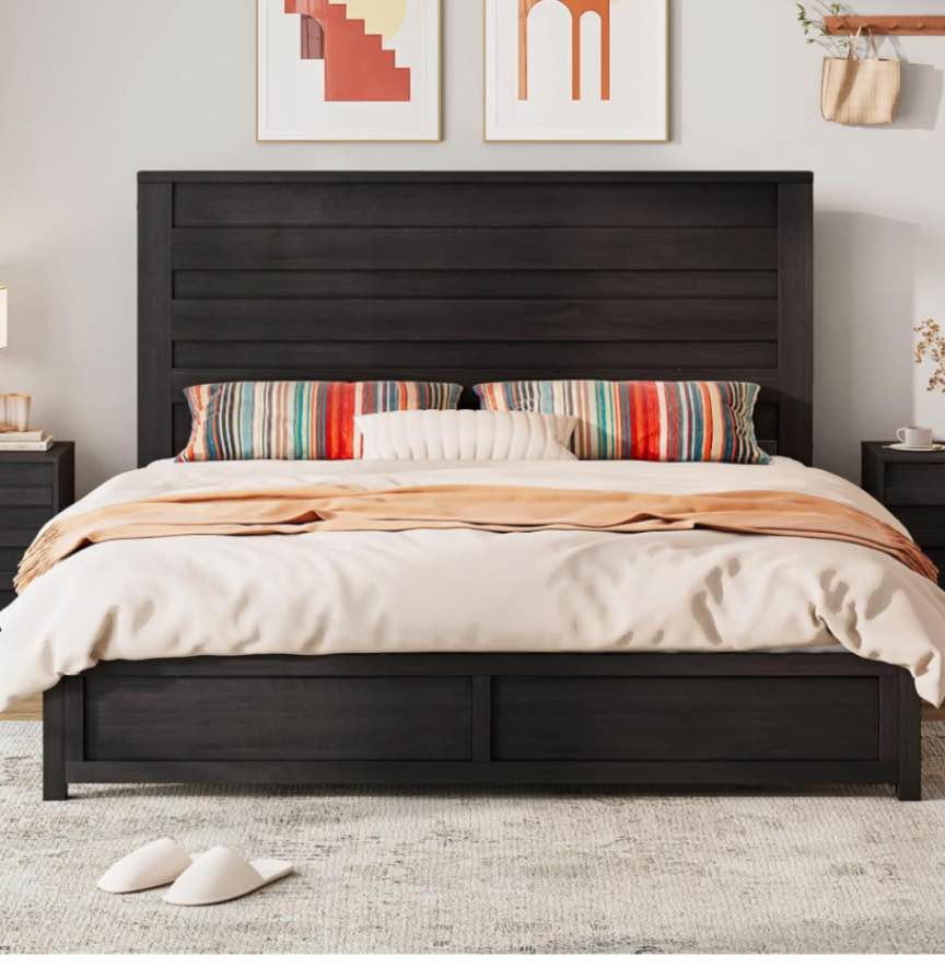 Farmhouse Queen Bed Frame with 49" Tall Headboard, Wooden Platform Bed with Hidden Metal Bed Frame, No Box Spring Needed/Noise Free, Distressed ( OAK color,incomplete 1 box to pick up)