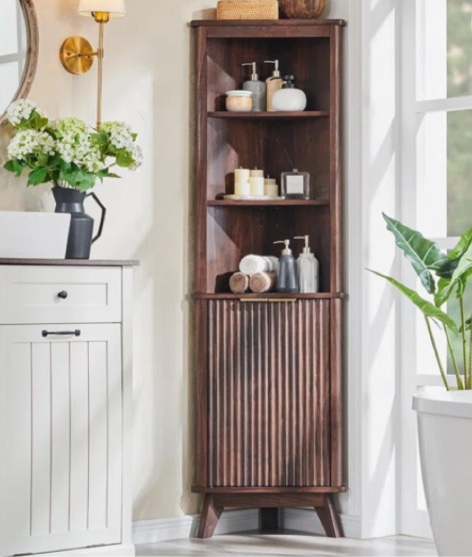 Freestanding Tall Corner Cabinet, Corner Bathroom Storage Cabinet Adjustable Shelf, Display Cabinet