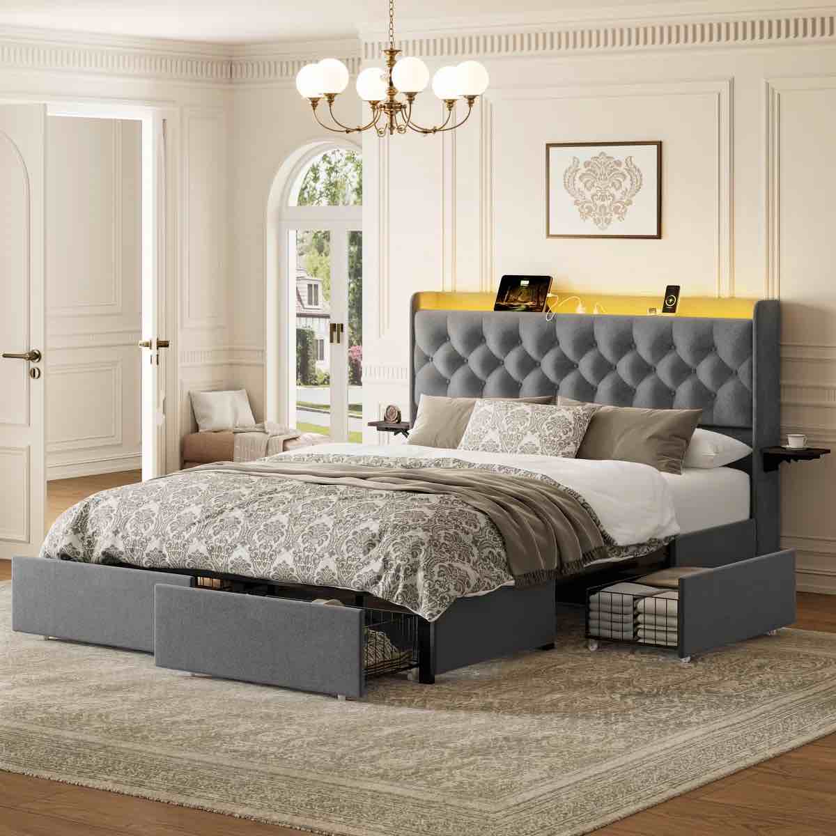 Upholstered Full Platform Bed with 4 Storage Drawers, Storage Bed with LED light & Charging Station, Velvet Tufted Headboard with Adjustable Bedside Tables, No Box Spring Needed, Gray( size full)complete