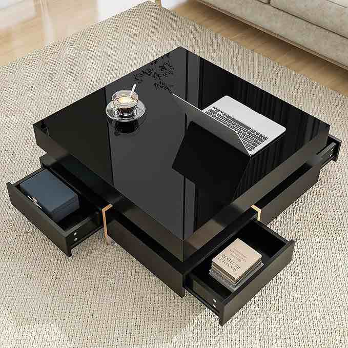 ON-Trend Modern High Gloss Coffee Table with 4 Drawers, Multi-Storage Square Cocktail Tea Table with Wood Grain Legs, Center Table for Living Room, 31.5''x31.5'', Black
