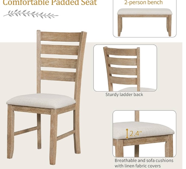 4 dining chairs, 1 bench, Natural wood wash+Beige color, does not include the table(1 box to pick up)complete