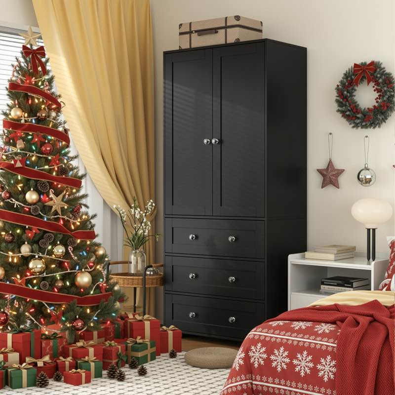 2- Door Sandrea with mirror,wardrobe closet with 3 drawers ( Black)