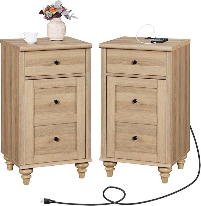 WAMPAT Nightstands with Charging Station, Set of 2 End Table with Power Outlets & USB Ports for Living Room, Modern Side Table with Drawer and Storage Cabinet for Bedroom, Oak