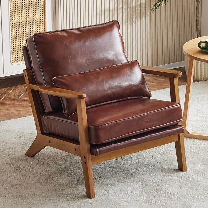 Karl home Accent Chair Wide Armrest Mid-Century Lounge Chair PU Leather Armchair with Lumbar Pillow & Solid Wood Frame for Living Room, Bedroom, Balcony, Red-Brown