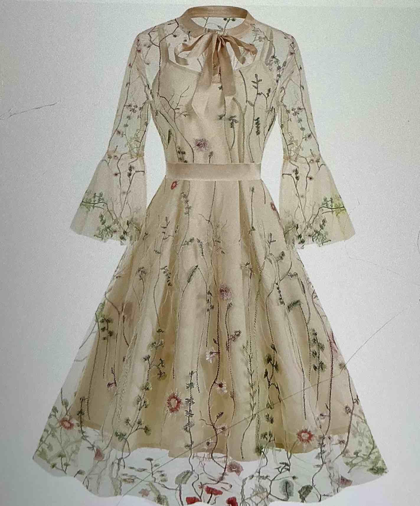 Women's Floral Mesh Embroidery Vintage Cocktail Dress, 50s Illusion, Gothic, Flared, Casual, for Wedding, Prom, Evening Dress