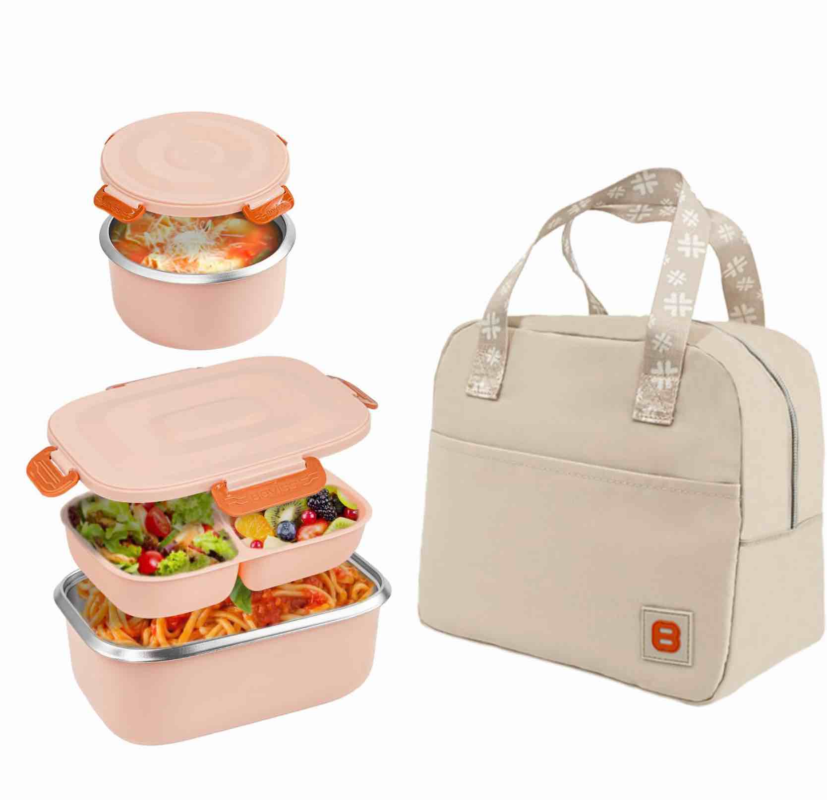 Insulated Bento Box with Thermo, 18/8 Stainless Steel Lunch Box, Bento Box for Adults and Kids with PP5 Containers, Food Containers with Bag for Office or School, Pink