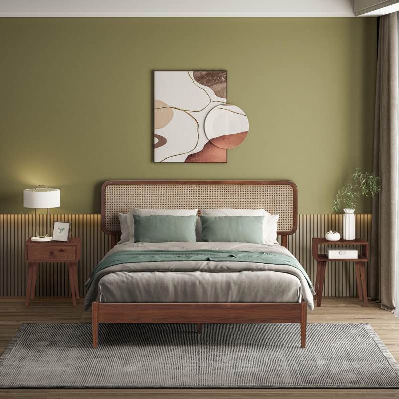 NTC lupin wooden bed frame with headboard and natural rattan( Dark walnut) Queen