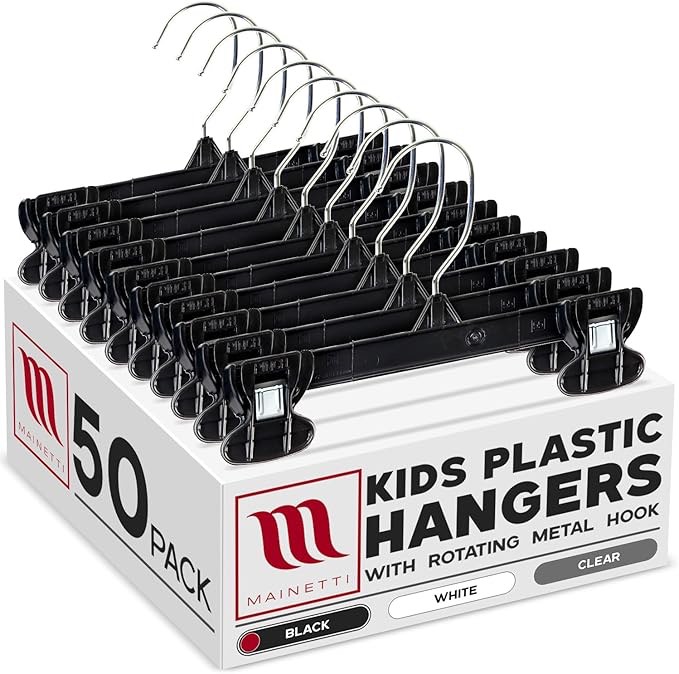 Mainetti 1004 Black Kids Plastic Hangers - with Sturdy Plastic, Great for Pants/Skirts/Slacks/Bottoms