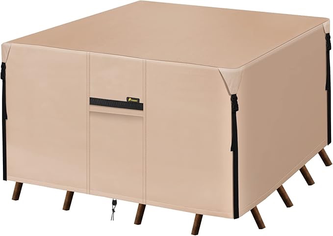 PTEROMY Waterproof Patio Table Cover, Heavy Duty 600D Canvas Patio Furniture Covers for Outdoor Dining Table and Chairs (Beige, 94"x 94"")