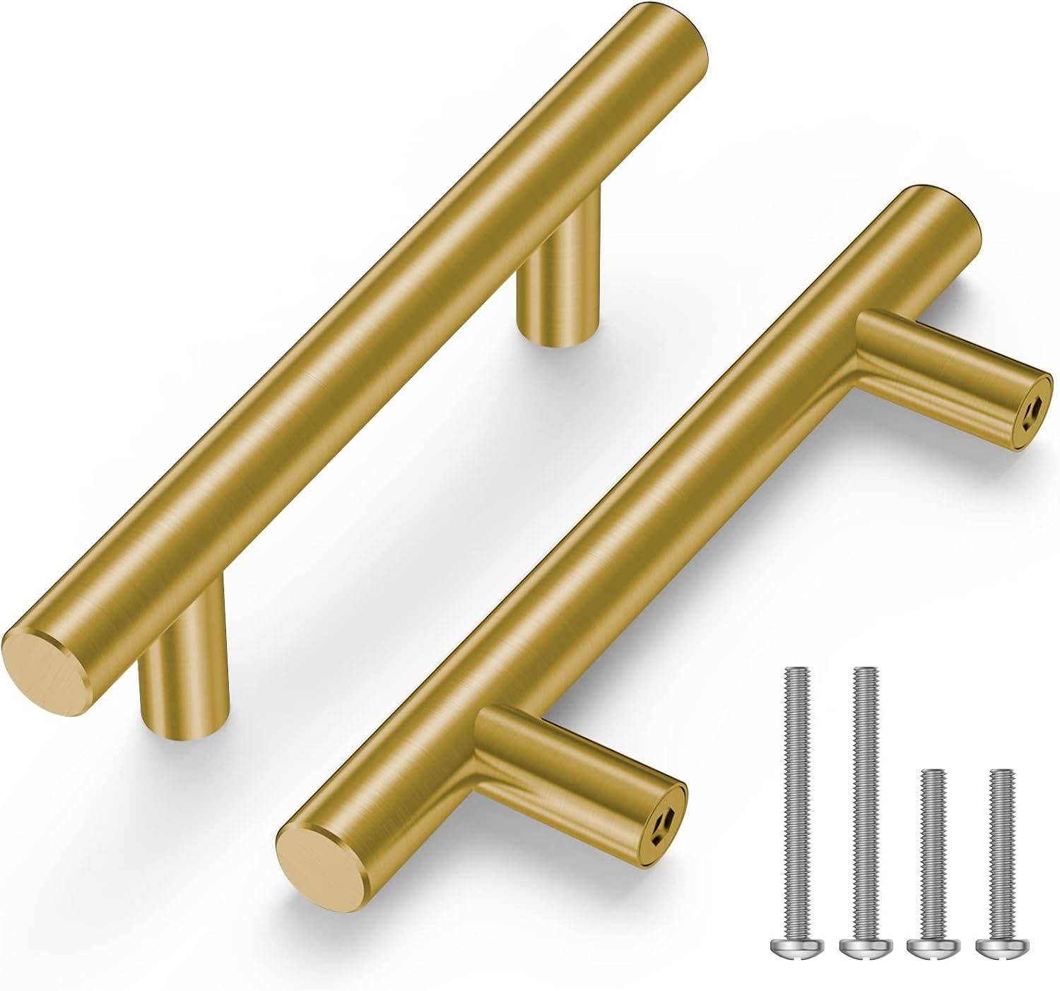 TICONN 30pcs 5" Cabinet Pulls, Stainless Steel Round Bar Handle for Kitchen Drawer Hardware with 3" Center-to-Center Mounting Hole (Brass Finish)