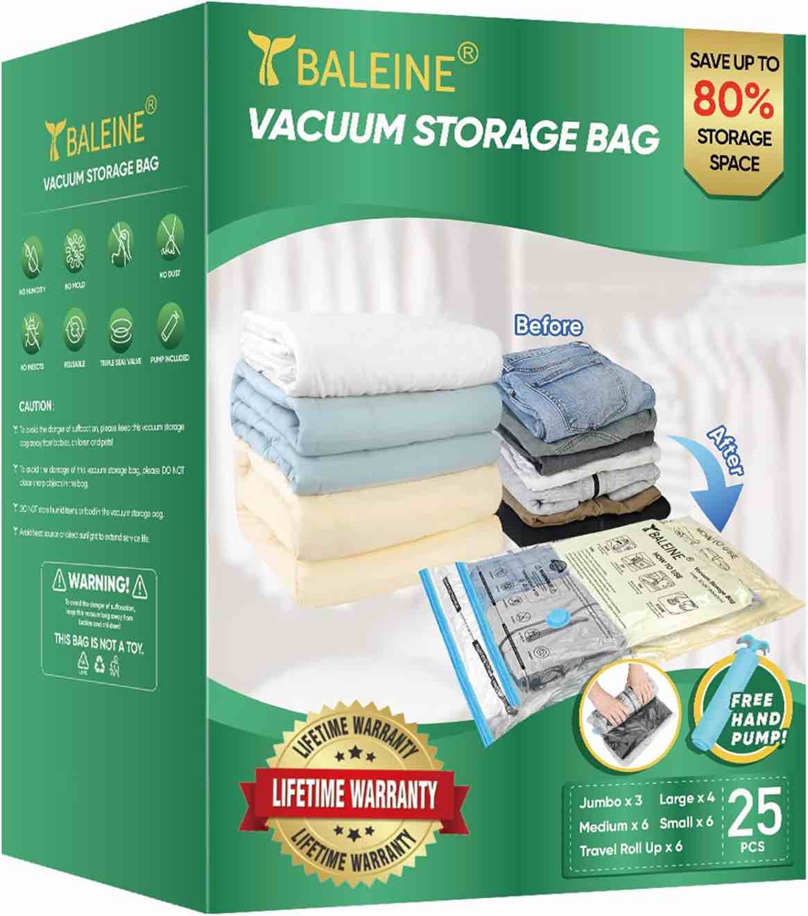 BALEINE Vacuum Storage Bag Space Saving Compression Sealer Bags for Moving, Hand Pump Included (Combo 25 Pack)