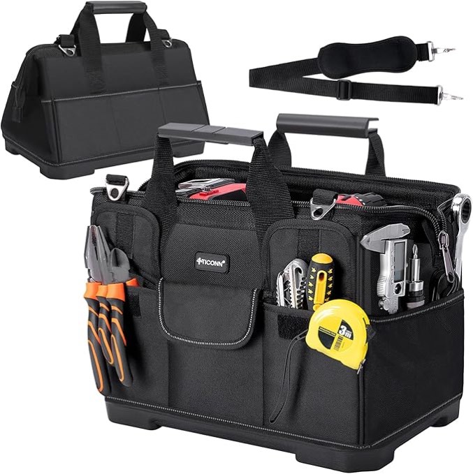 ticonn heavy duty tool bag with multi-pockets, portable tool box organizer storage bag, with adjustable shoulder strap and ergonomic handle (black, 16" molded base)