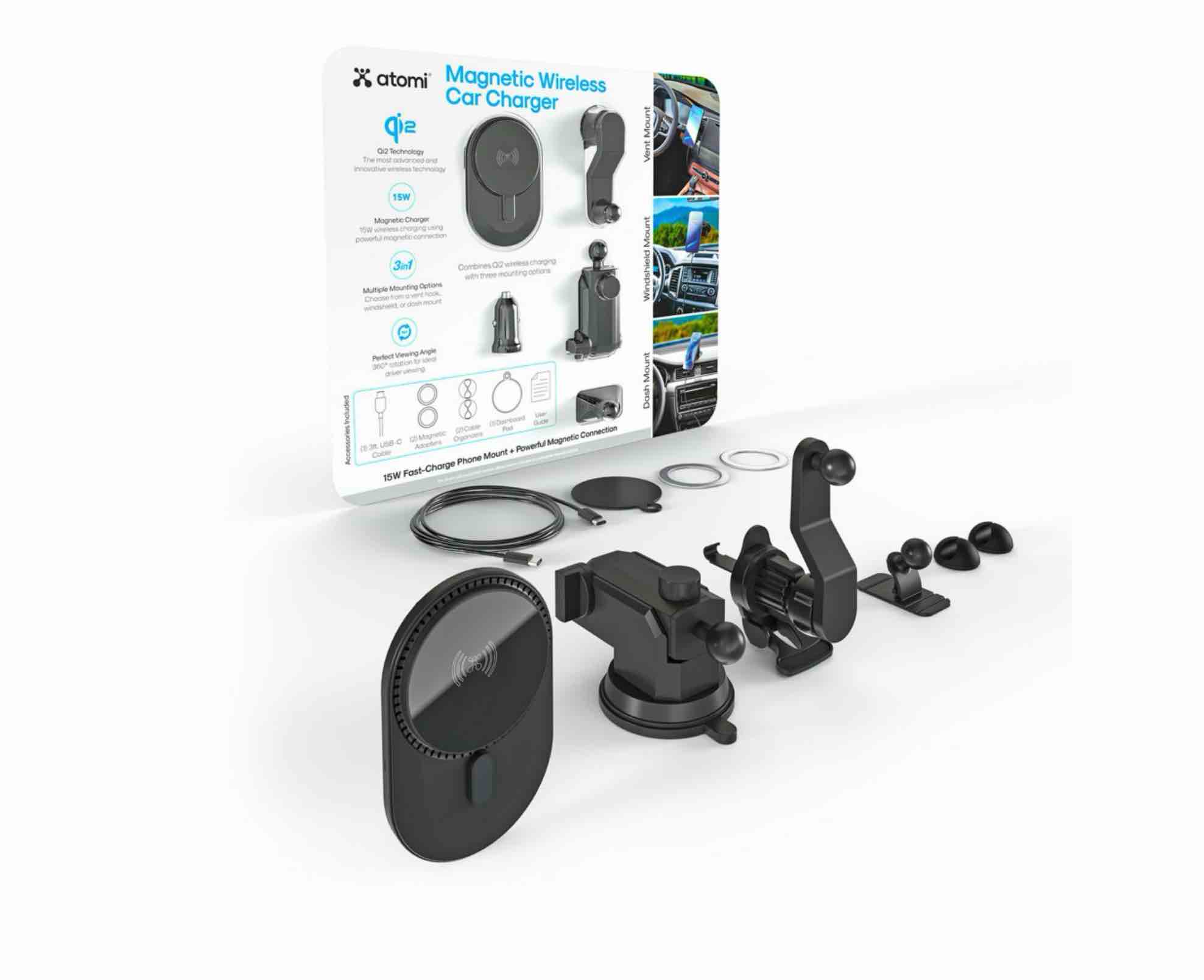 Atomi Qi2 Wireless Car Charging Kit, Three Mounting Options