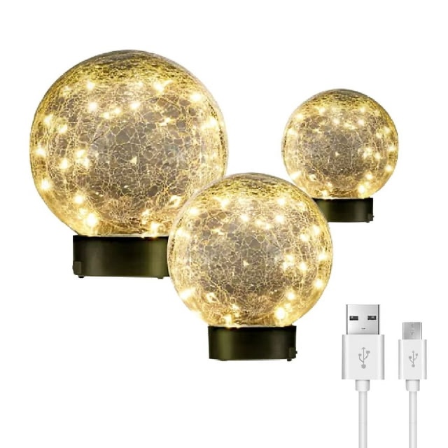 Deck Impressions Multi-Size Solar/USB LED Crackle Glass Globe Lights, 3-Pack